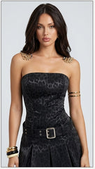 Midnight Leopard Strapless Corset Top & Pleated Mini Skirt Set -Black
