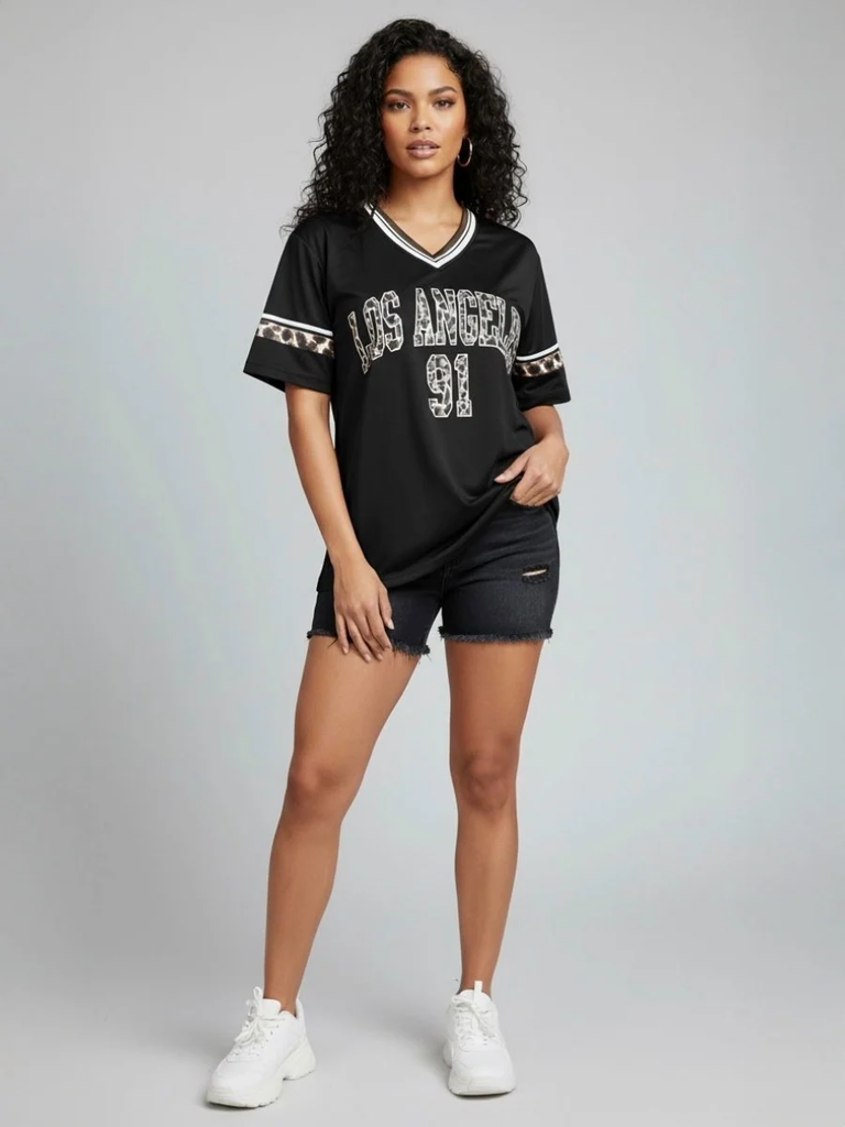 Leopard Print Los Angeles 91 Jersey T-Shirt -Black
