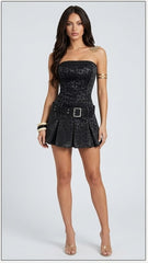 Midnight Leopard Strapless Corset Top & Pleated Mini Skirt Set -Black