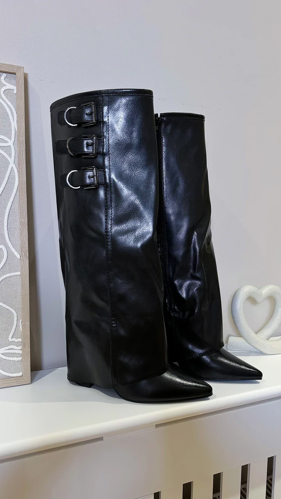 Knee High Fold Over Buckle Boots -Black