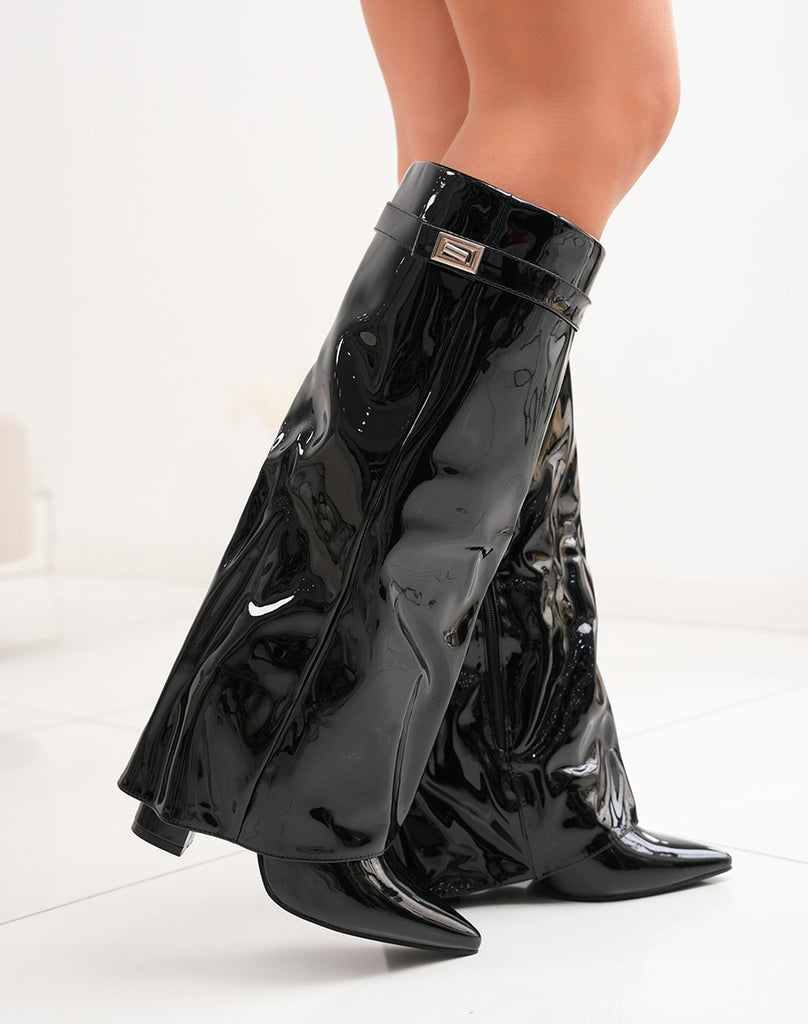 Fold Over Knee-High Boots -Black