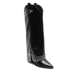 PU Studded Western Knee-High Boots -Black