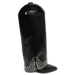 PU Studded Western Knee-High Boots -Black