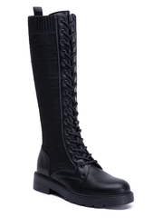 Lace-Up Round Toe Knee-High Boots -Black