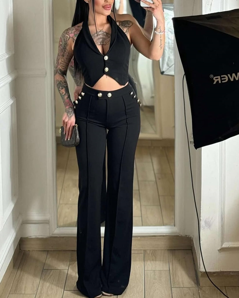 Halter Vest & High-Waist Wide-Leg Pants Set -Black