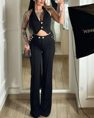 Halter Vest & High-Waist Wide-Leg Pants Set -Black