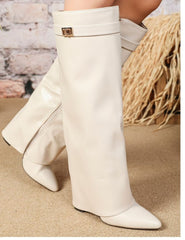 Luxury Over-the-Knee Faux Leather Boots -Beige