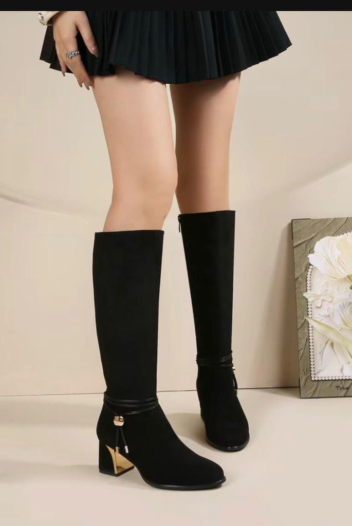 Suede-Look Finish & Gold Accent Block Heel Knee-High Boots -Black