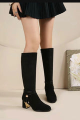 Suede-Look Finish & Gold Accent Block Heel Knee-High Boots -Black
