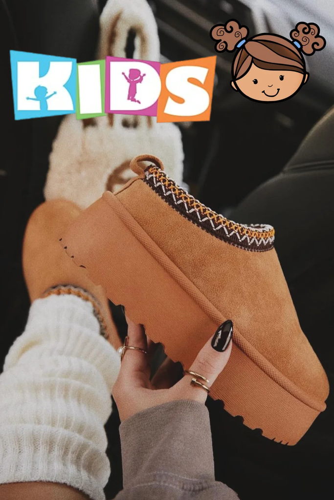 Kids: Fluffy Faux Fur Platform Slippers -Chestnut