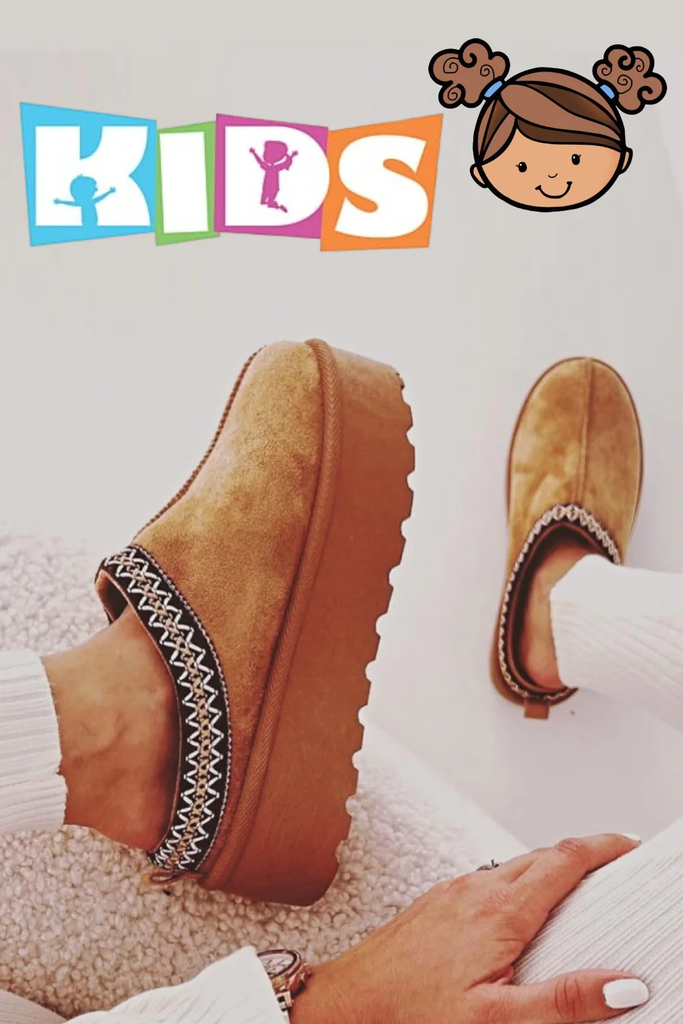 Kids: Fluffy Faux Fur Platform Slippers -Chestnut
