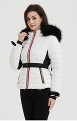 Quilted Jacket Elastic Belt & Faux Fur-Trimmed Hood -White
