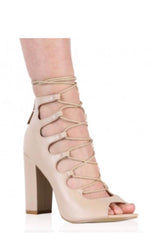 Lace Up Block Heel -Beige