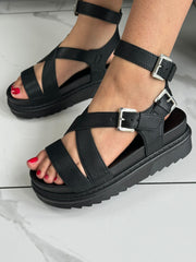 Cross Ankle Strap Chunky Sandals -Black