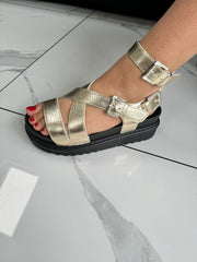 Cross Ankle Strap Chunky Sandals -Gold