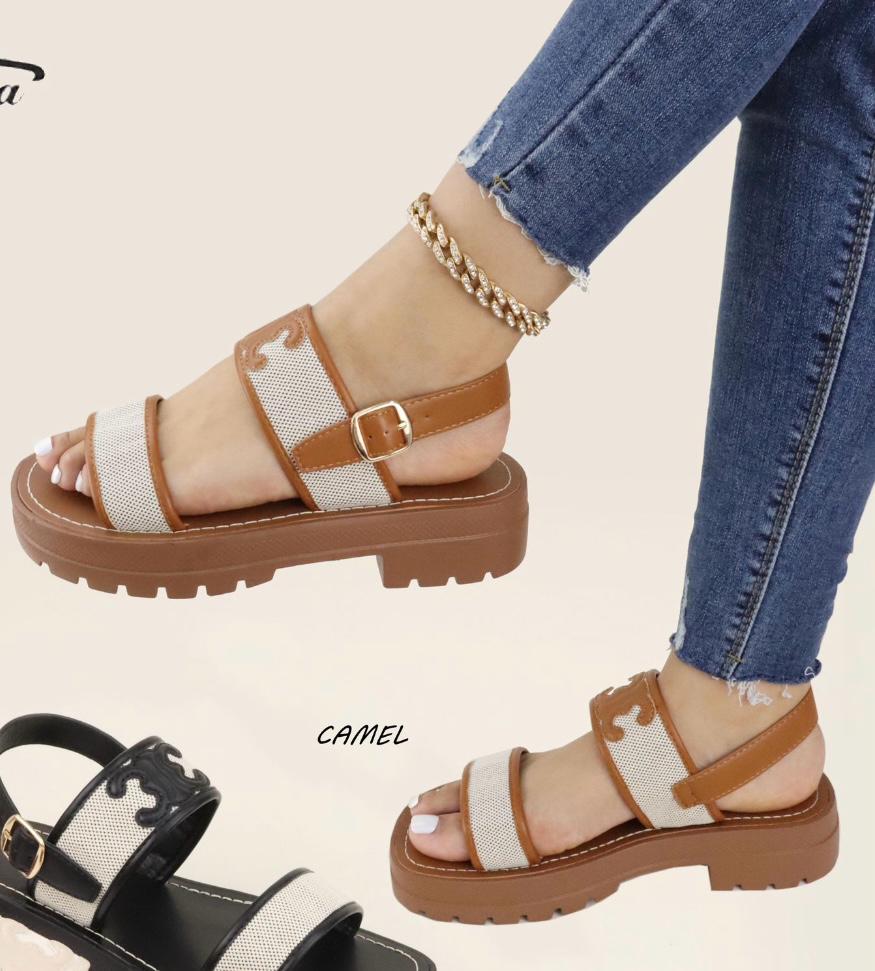 Platform Sandals with Buckle Strap -Camel
