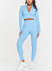 Activewear Set – Zip Crop Top & High-Waist Leggings -Blue