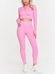 Activewear Set – Zip Crop Top & High-Waist Leggings -Pink