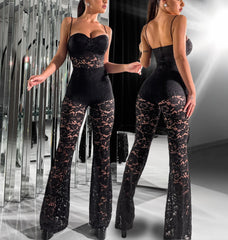 Lace Flared Jumpsuit with Cups -Black