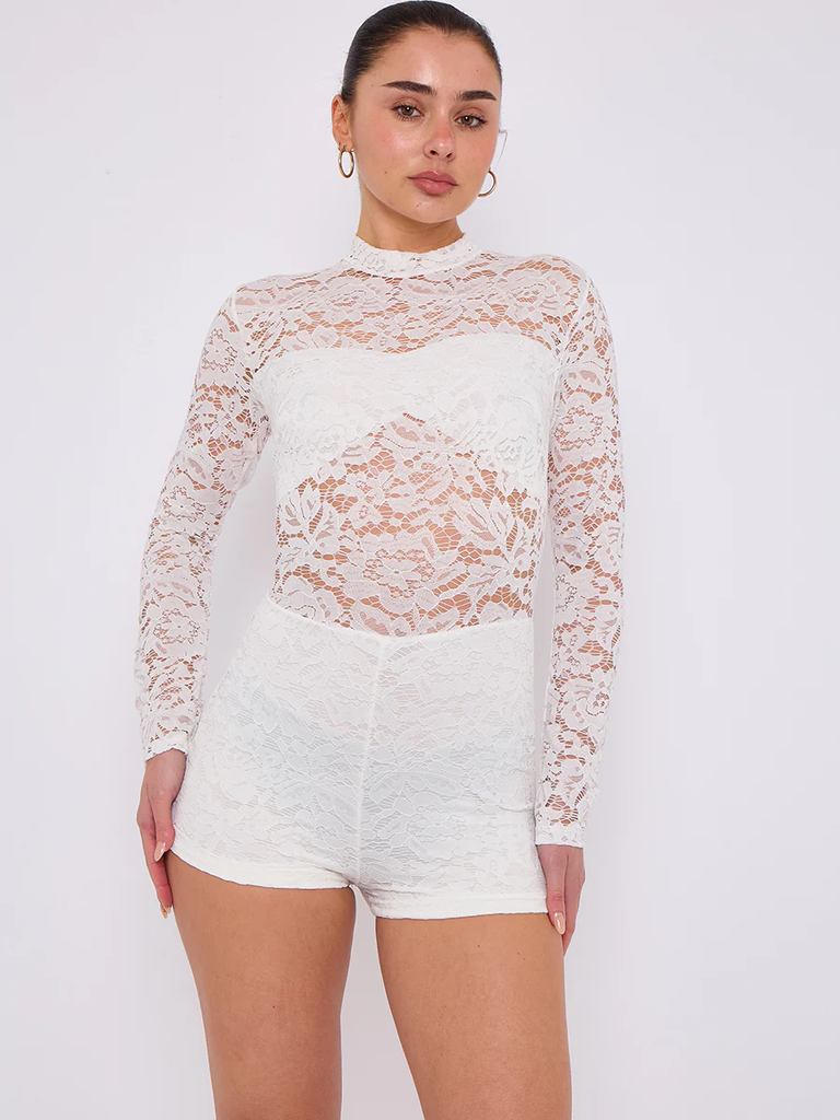 Elegance Lace Long Sleeve Romper Playsuit -White