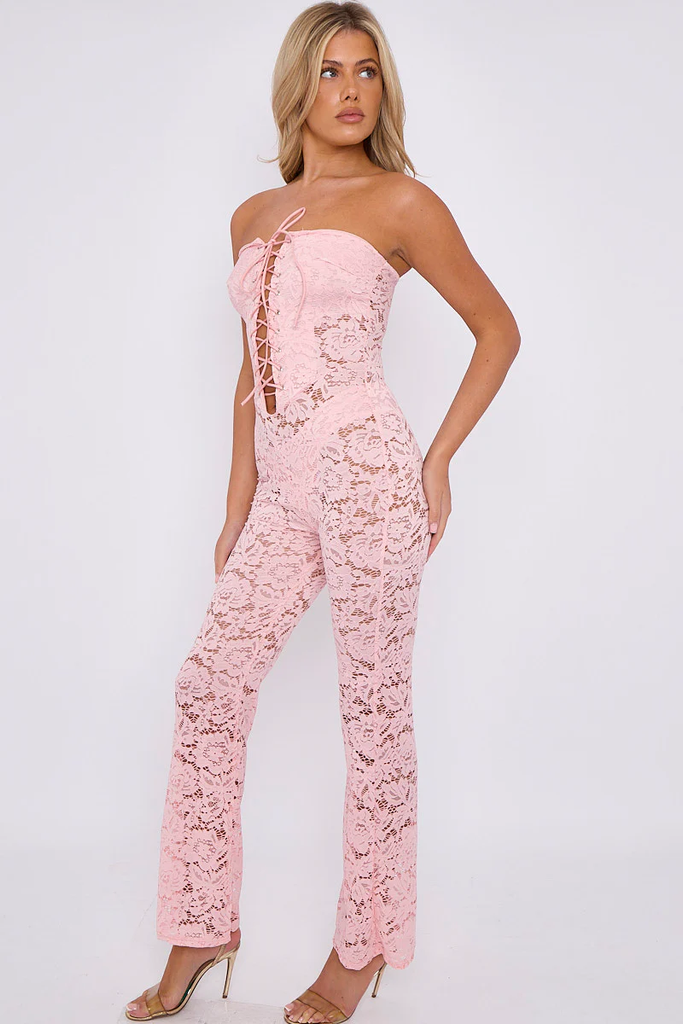 Lace Detail Bandeau Corset Jumpsuit -Pink