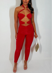 Cut Out Jumpsuit With Gold Metal Detail -Red