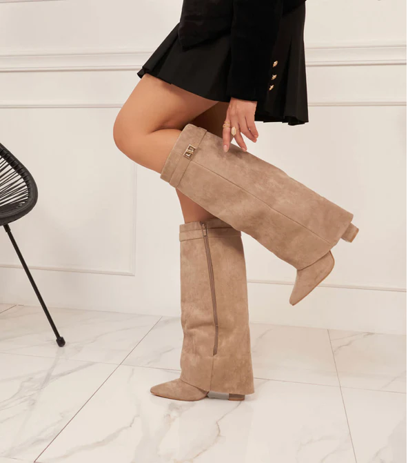 Fold Over Shark Buckle Knee High Boot -Suede