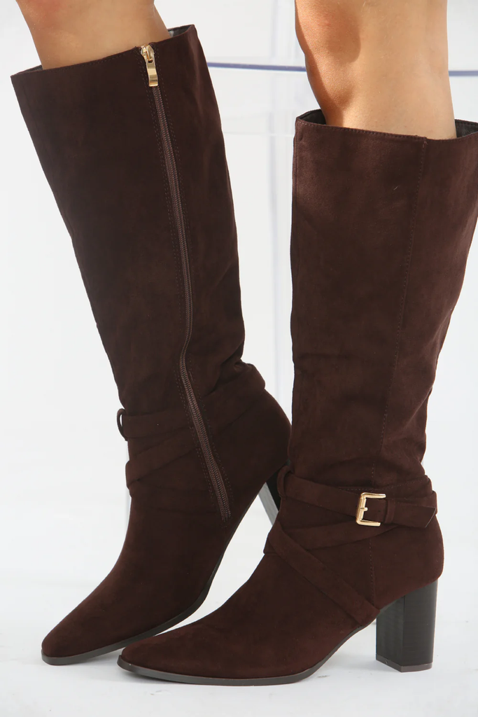Knee High Block Heeled Boot -Brown Suede