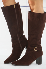 Knee High Block Heeled Boot -Brown Suede