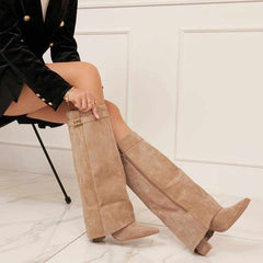 Fold Over Shark Buckle Knee High Boot -Suede