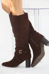 Knee High Block Heeled Boot -Brown Suede