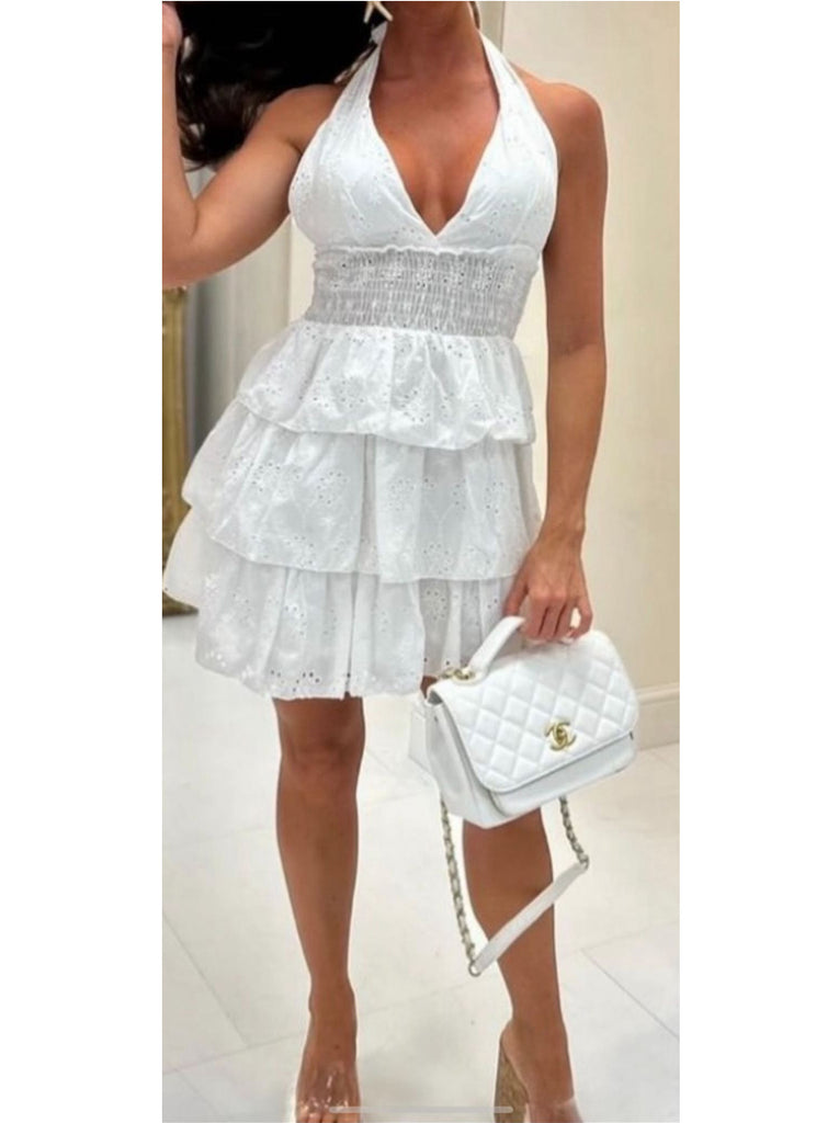Halter Neck Tiered Mini Dress -White