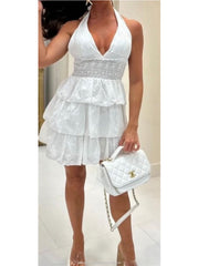 Halter Neck Tiered Mini Dress -White