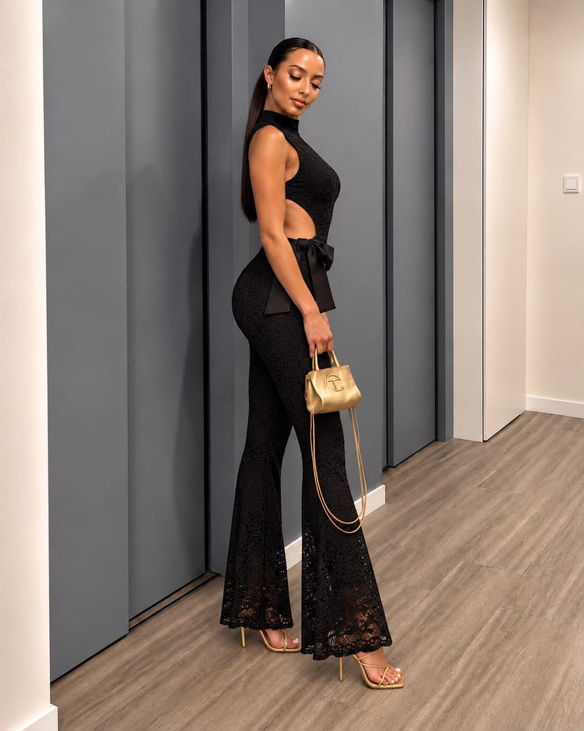 Floral Lace Halter Neck Flared Jumpsuit -Black
