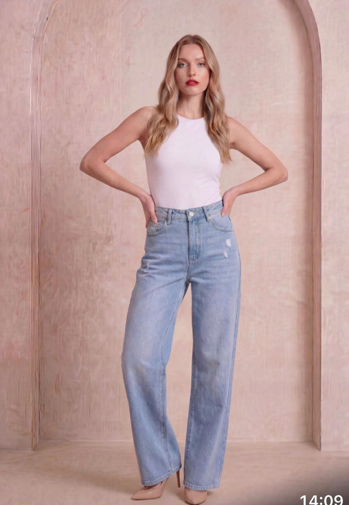 High-Waist Wide Leg Distressed Denim Jeans