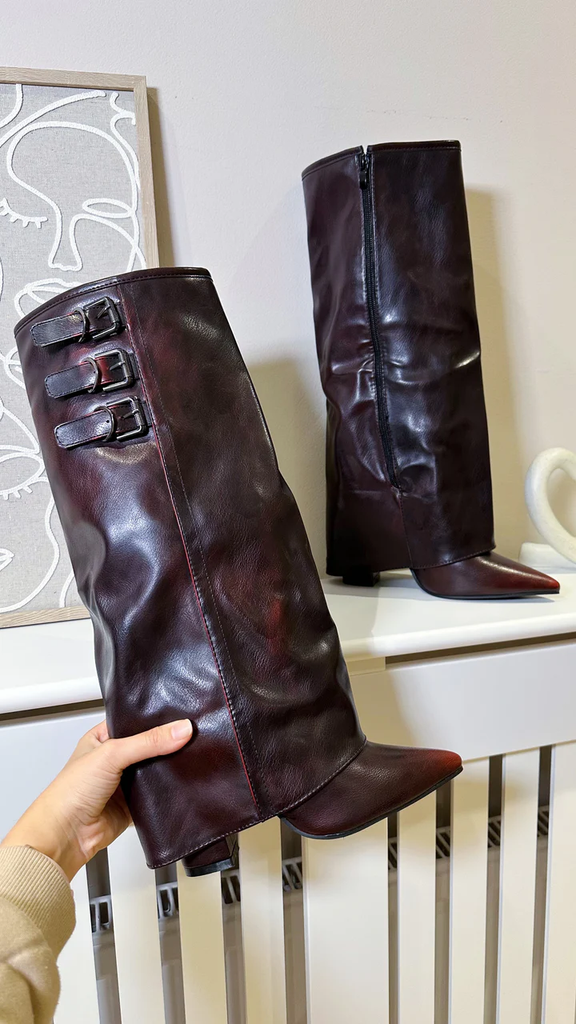 Knee High Fold Over Buckle Boots -Wine