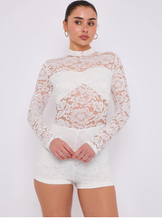 Lace Detail High Neck Long Sleeve Playsuit -White