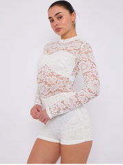 Lace Detail High Neck Long Sleeve Playsuit -White