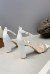 Block Heel Sandals with Rhinestone Strap -White