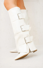 Leather Fold Over Buckle Strap Design Shark Knee High Boot -White