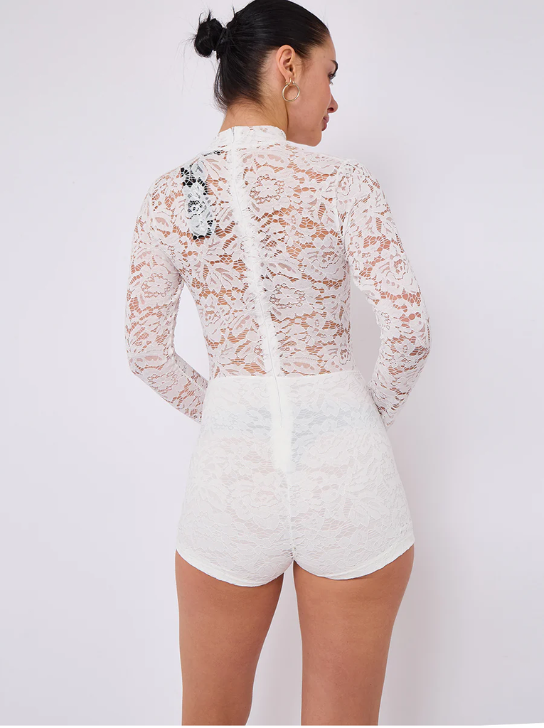 Lace Detail High Neck Long Sleeve Playsuit -White