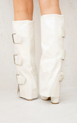 Leather Fold Over Buckle Strap Design Shark Knee High Boot -White
