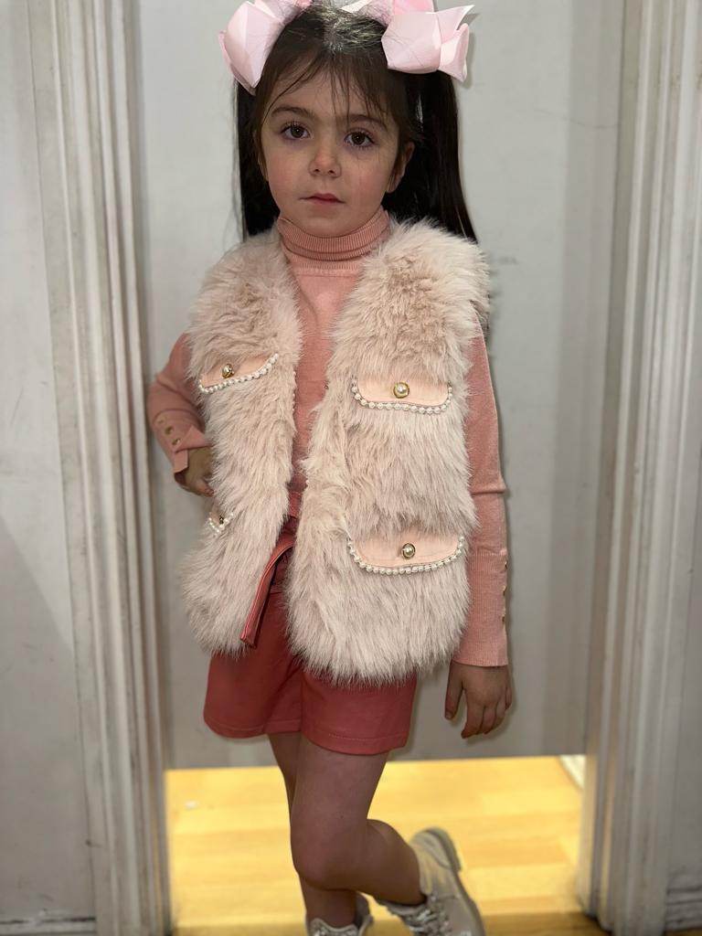 Kids: Faux Fur Pearl Gilet -Pink