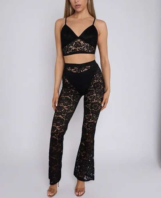 Lace Trousers & Top Co-Ord 3Piece Set -Black