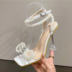 Pearl Bow Ankle Strap Stilettos -White
