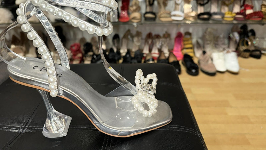 Pearl Bow Ankle Strap Stilettos -Silver