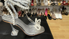 Pearl Bow Ankle Strap Stilettos -Silver