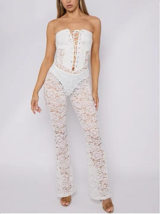 Lace Jumpsuit With Skinny Flared Legs -White