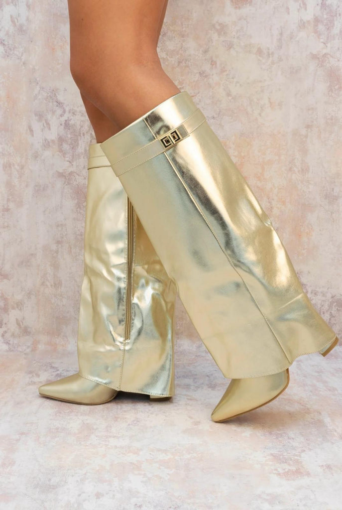 Fold Over Shark Classic Buckle Knee High Boot -Gold