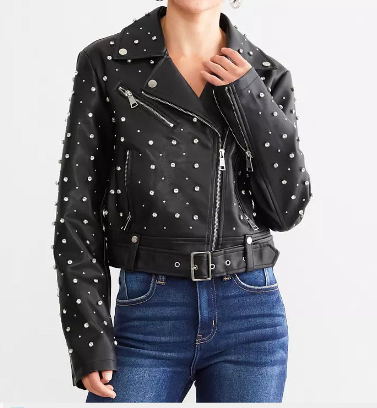 Studded Rhinestone Biker Jacket -Black